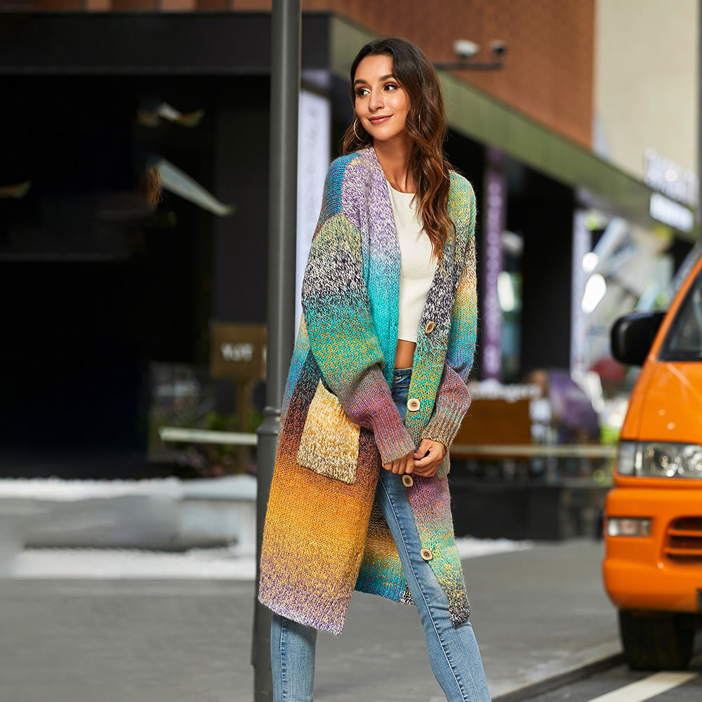 Knitted Sweater Loose Rainbow Long Coat Wool Cardigan