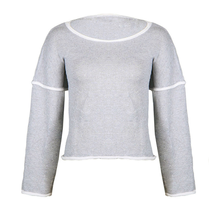 Solid Color Stitching Long-sleeved Sweater Top Casual Round Neck