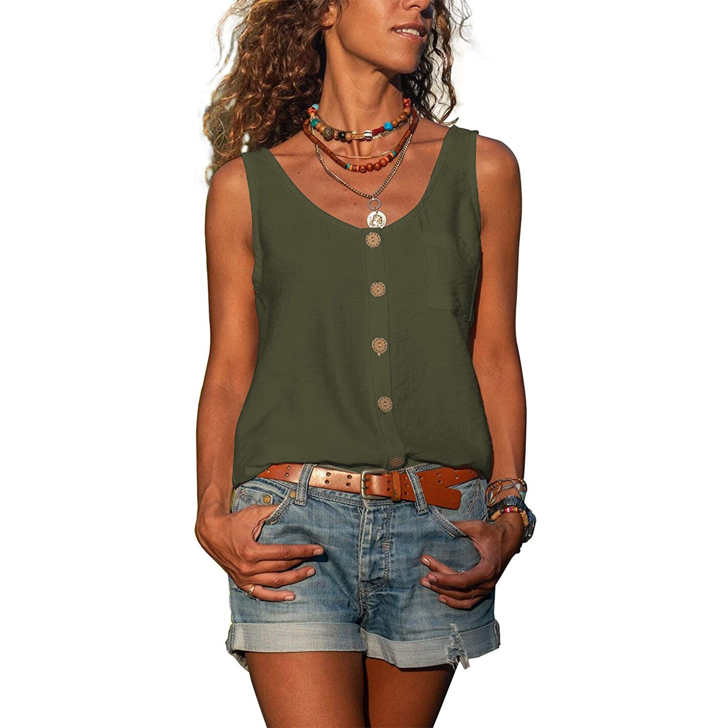 Summer Women's Solid Color And V-neck Button Vest Shirt