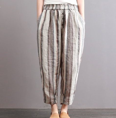 Retro cotton and linen women's cropped trousers loose harem pants linen pants literary striped casual pants