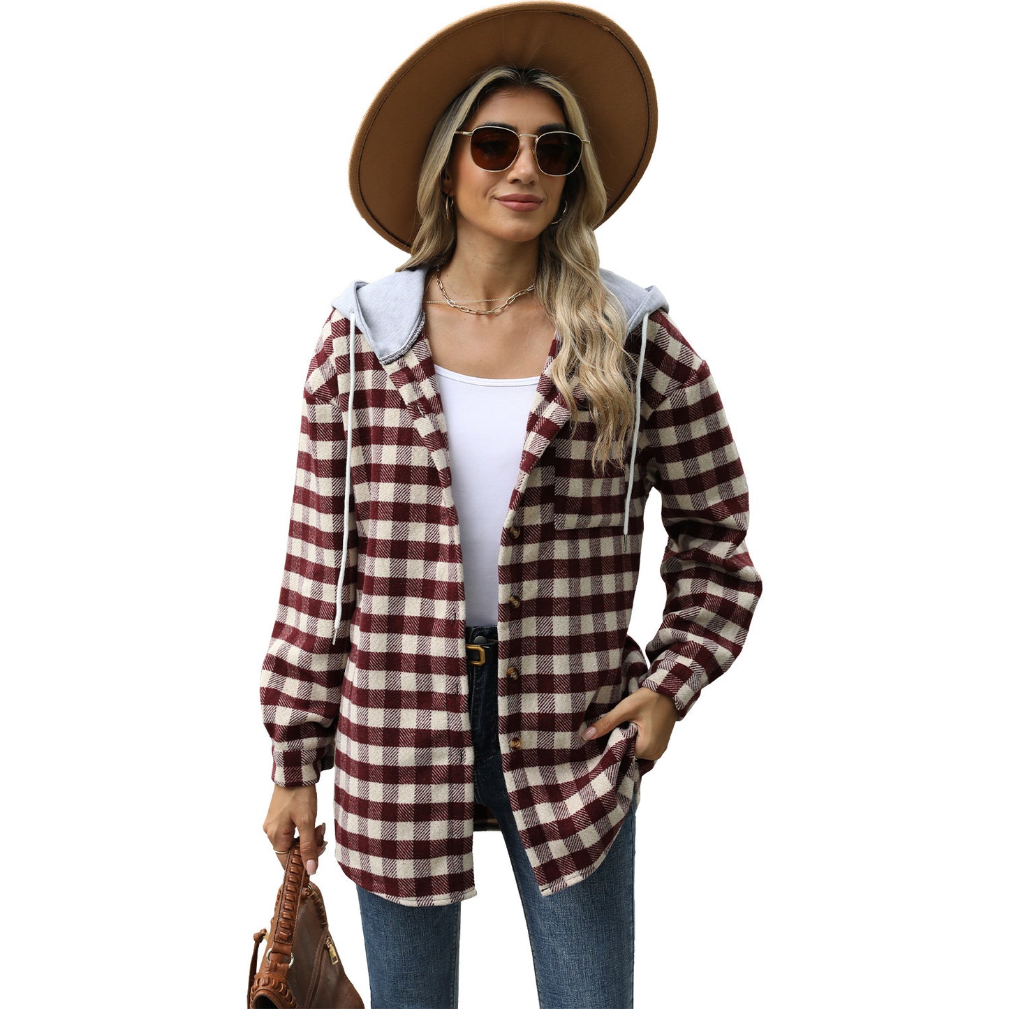 Women's Hooded Plaid Stitching Single-breasted Jacket