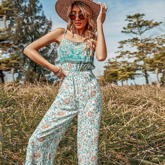 New Sling Print Floral Casual Loose Waist Jumpsuit Women