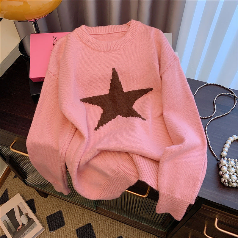 Idle Style Five-pointed Star Crew Neck Pullover Sweater