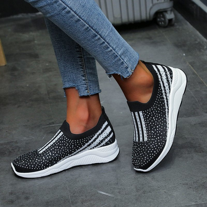 Rhinestone Elastic Foot Knit Casual Shoes Women