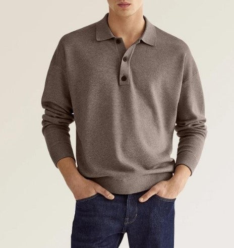 Spring Long Sleeve V-neck Button Men's Casual Top Polo Shirt