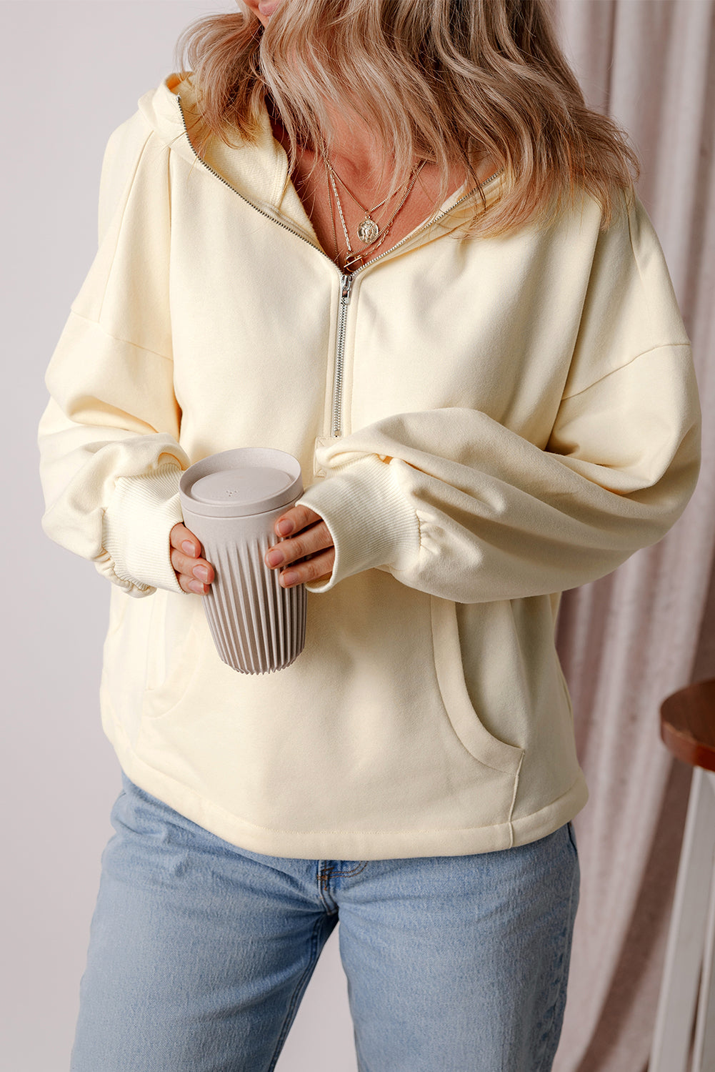 Beige Fleece Lined Half Zipper Kangaroo Pockets Loose Hoodie