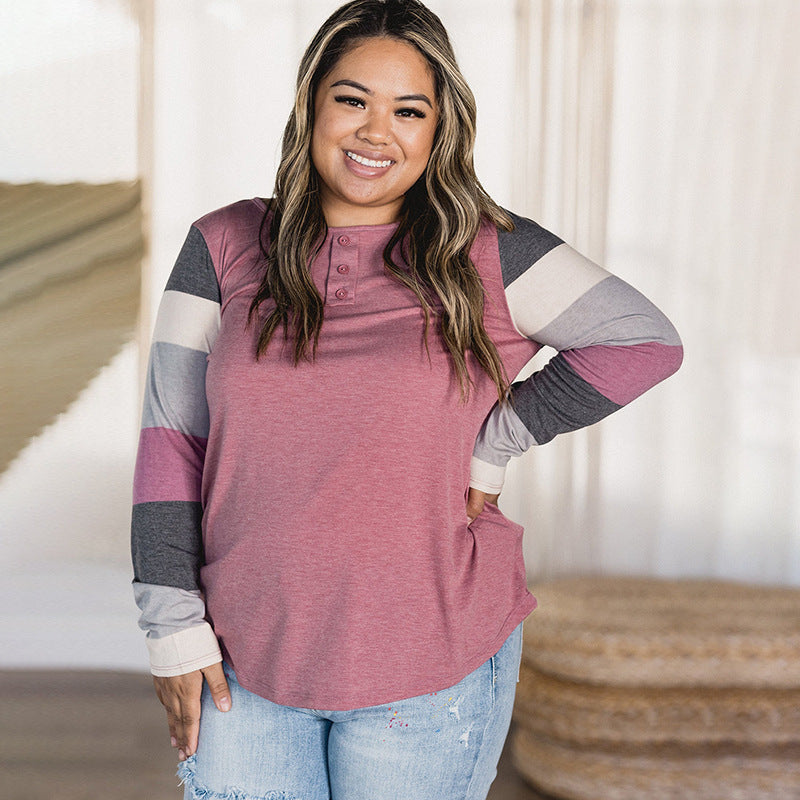 Simple All-matching Rose Striped Sleeve Pullover Plus Size Top