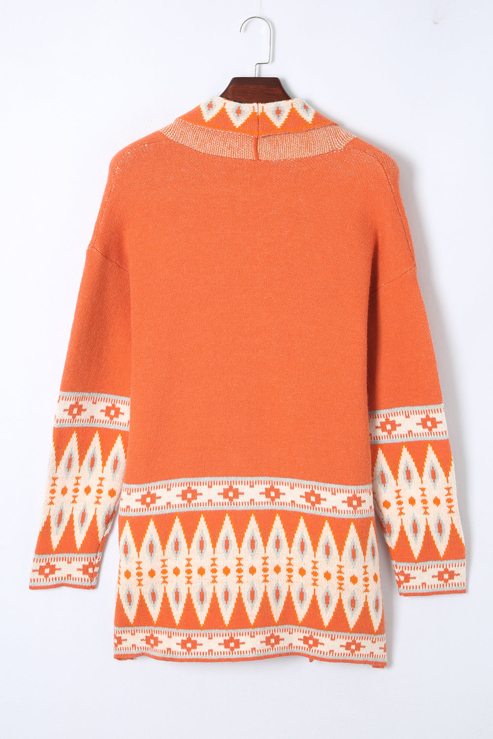 Orange Printed Aztec Print Open Front Knitted Cardigan