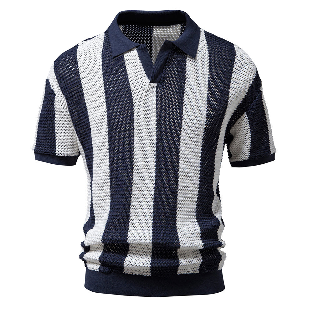 Lapel Mesh Shirt Hollow-out Short-sleeved Fishnet Men's Striped Polo Shirt