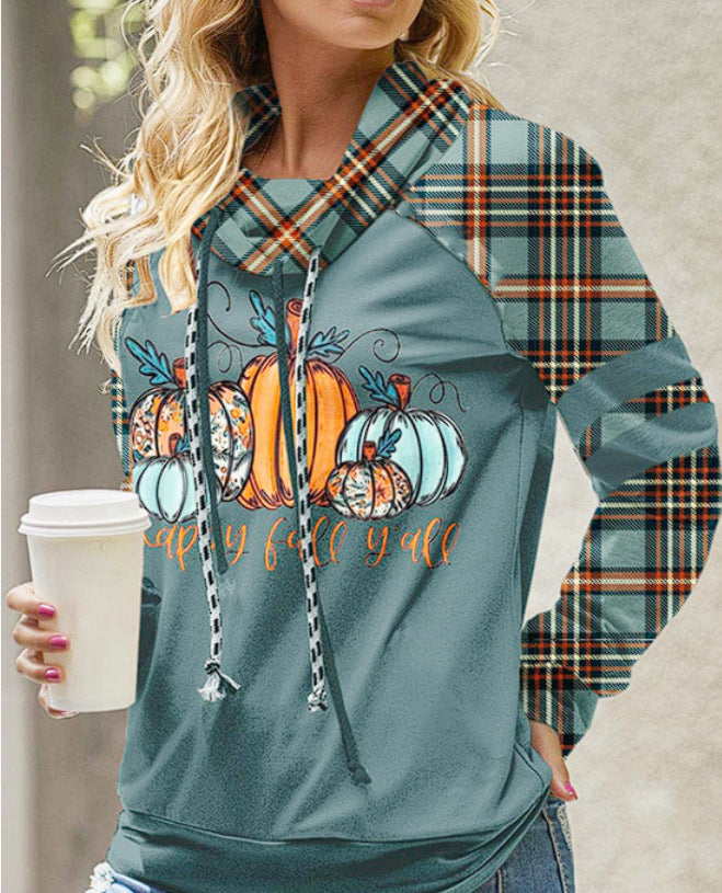 New Women's Pile Collar Hooded Printed Top