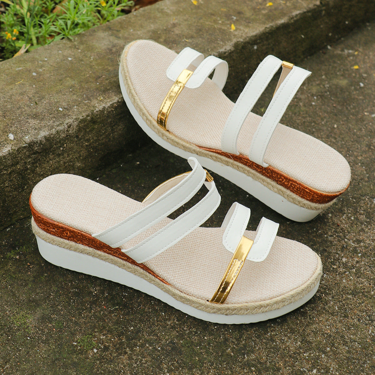 Colorblock-strap Wedges Sandals Summer Fashion Hemp Heel Slides Slippers Outdoor Thick Bottom Fish Mouth Shoes For Women