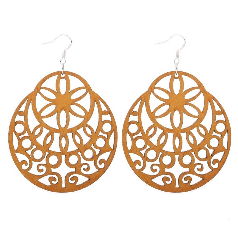 Exaggerated African Pattern Geometric Wooden Earrings Brown