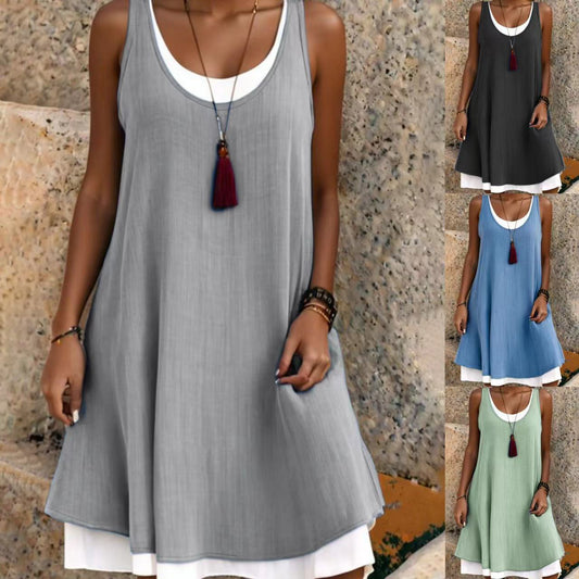 Casual Sleeveless Fake Two Pieces Baggy Tank Dress