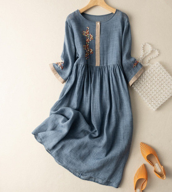 Artistic Ethnic Style Linen Cotton Embroidery Loose Half Sleeve Dress