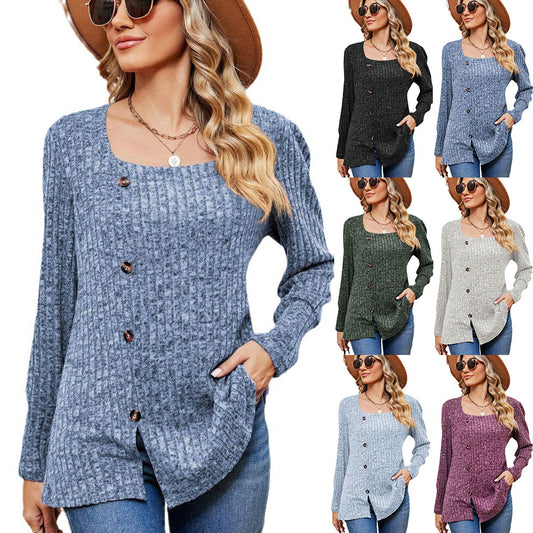 Women's Fashion Casual Loose Square Collar Button Long Sleeve Top