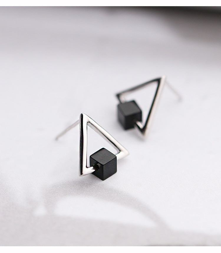 S925 Geometric Triangle Black Earring