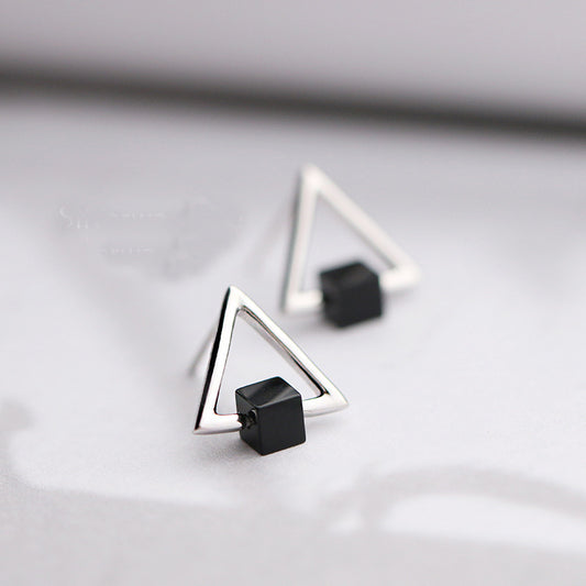 S925 Geometric Triangle Black Earring