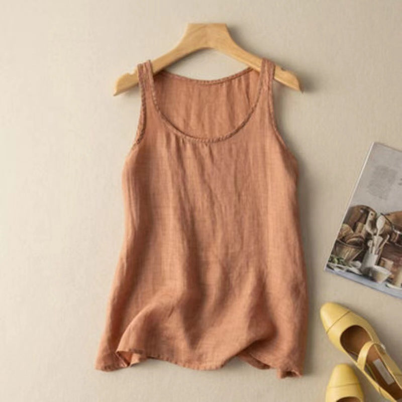 Artistic Retro Loose Solid Color Cotton Linen Vest Women's Top