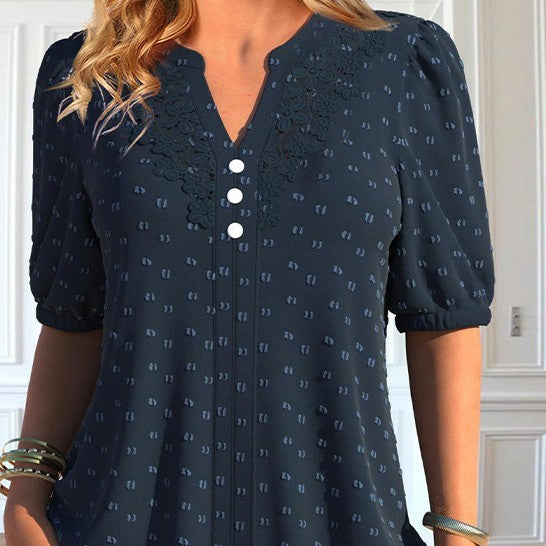 Plus Size Navy Blue Button Short Sleeve Shirt