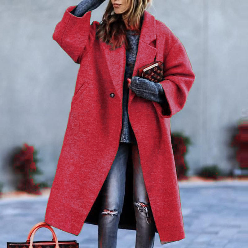 Autumn And Winter Long Woolen Color Temperament Commute No Belt Lapel Loose Woolen Green Coat