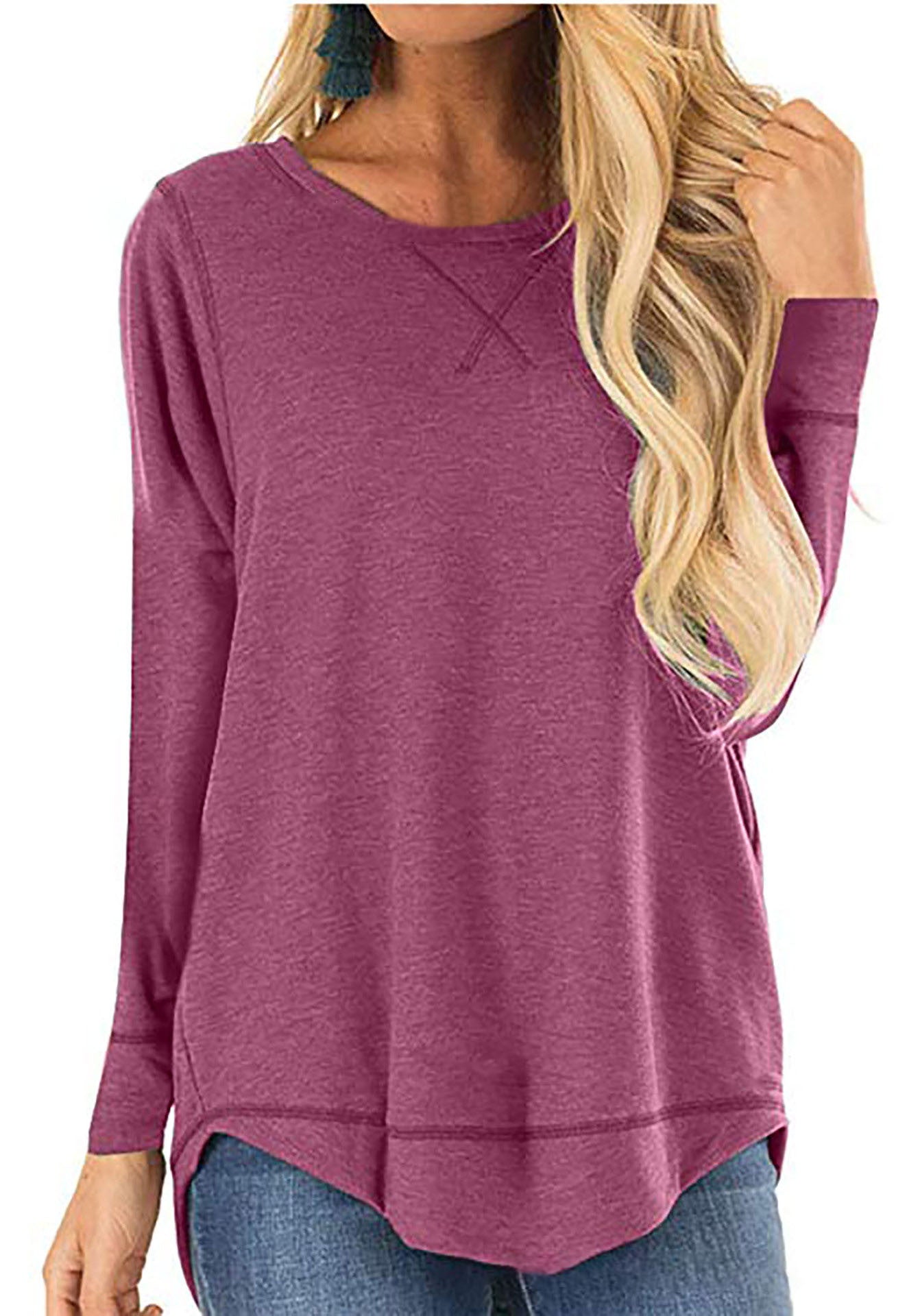 Women's Round Neck Long Sleeve Loose Top Short Front