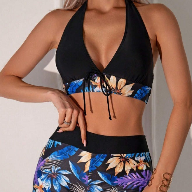 European And American Split Printed Swimsuit Halter Sexy Boxer