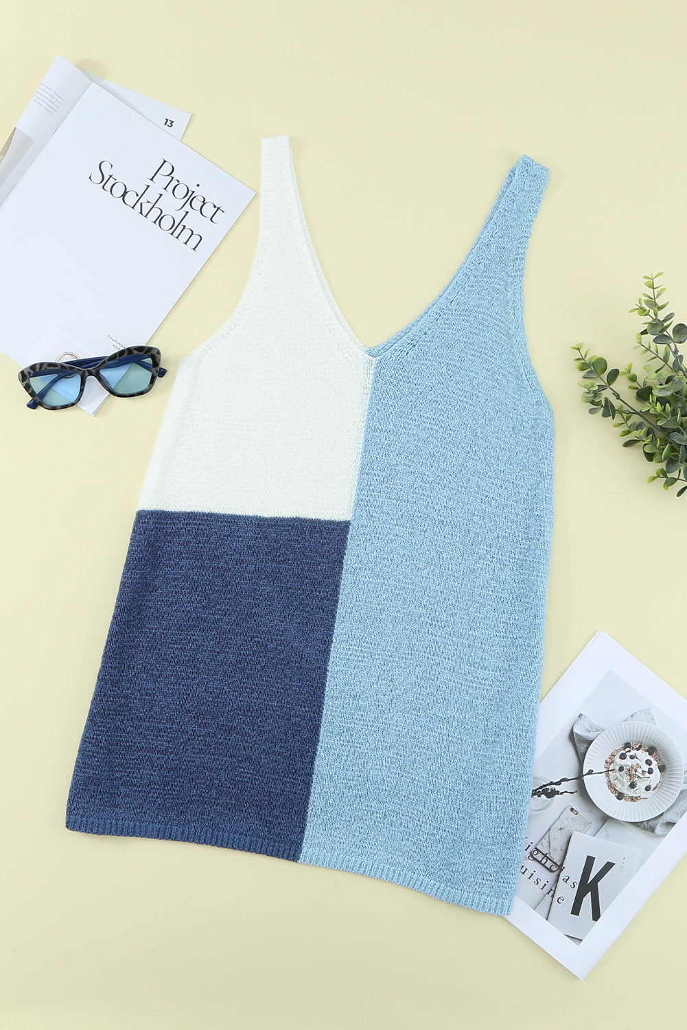 Blue Color Block Knitted Tank Top