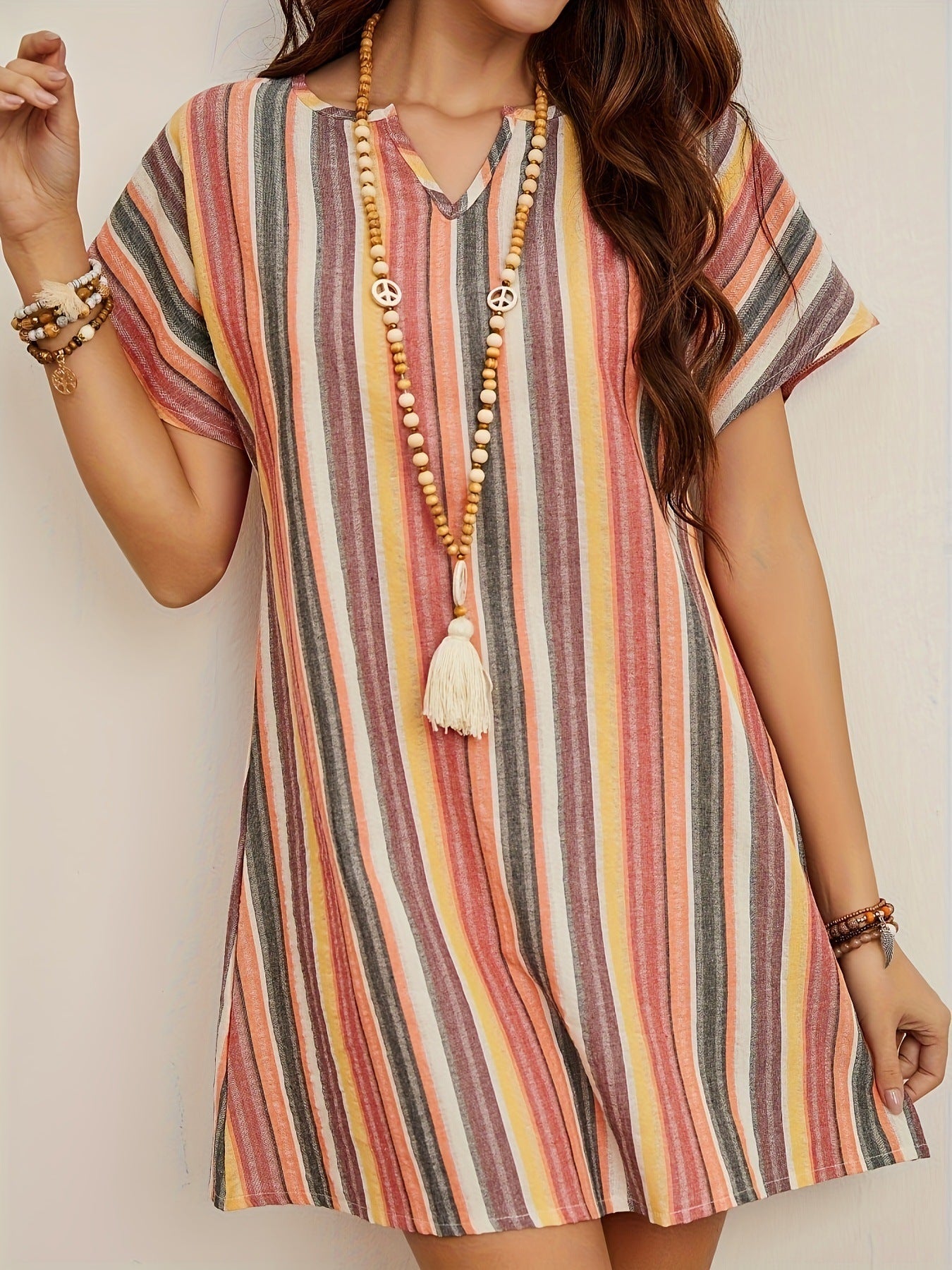 Fashion Color Striped V-neck Casual Short Sleeve Dress