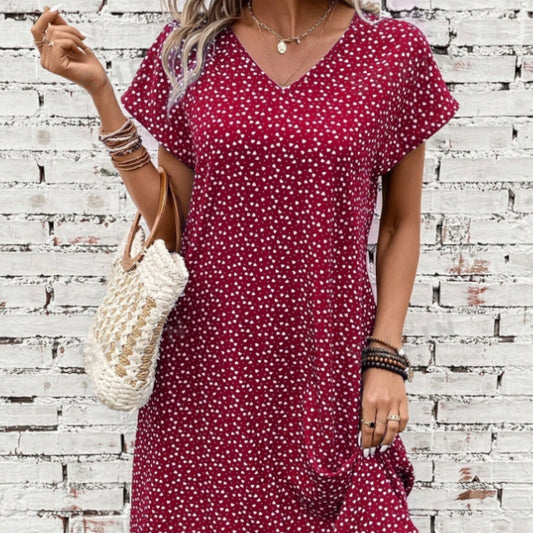 Women's Casual Short Sleeve V-neck Polka Dot Heart Shape Printed Dress