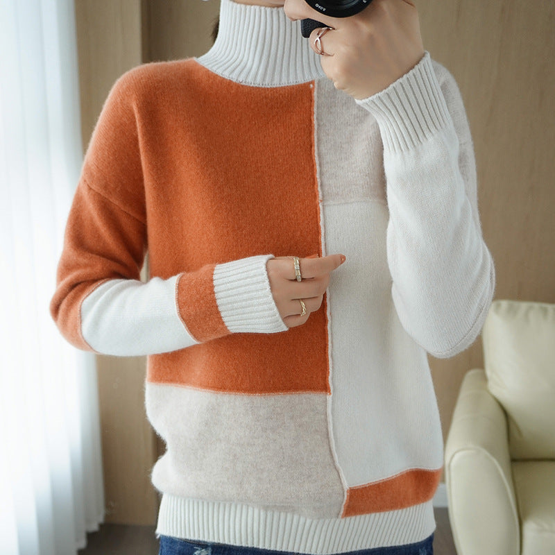 Half-high Collar Padded Color-block Wool Sweater Plaid