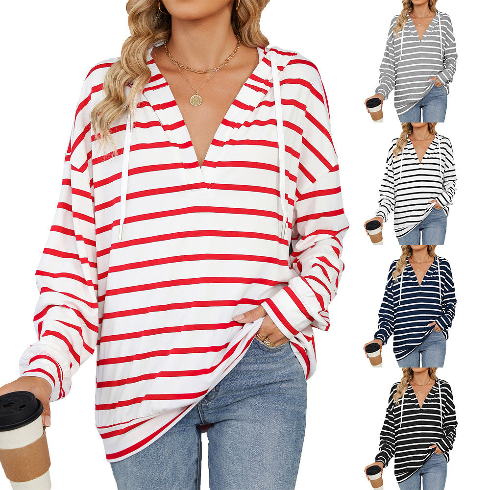 Hoodie With Drawstrings Striped Long Sleeve Top