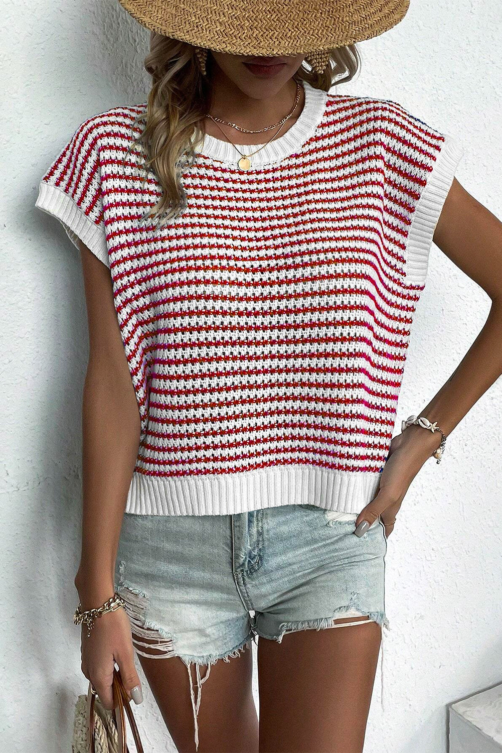 Red Stripe Ribbed Trim Loose Fit Knitted Sweater Vest