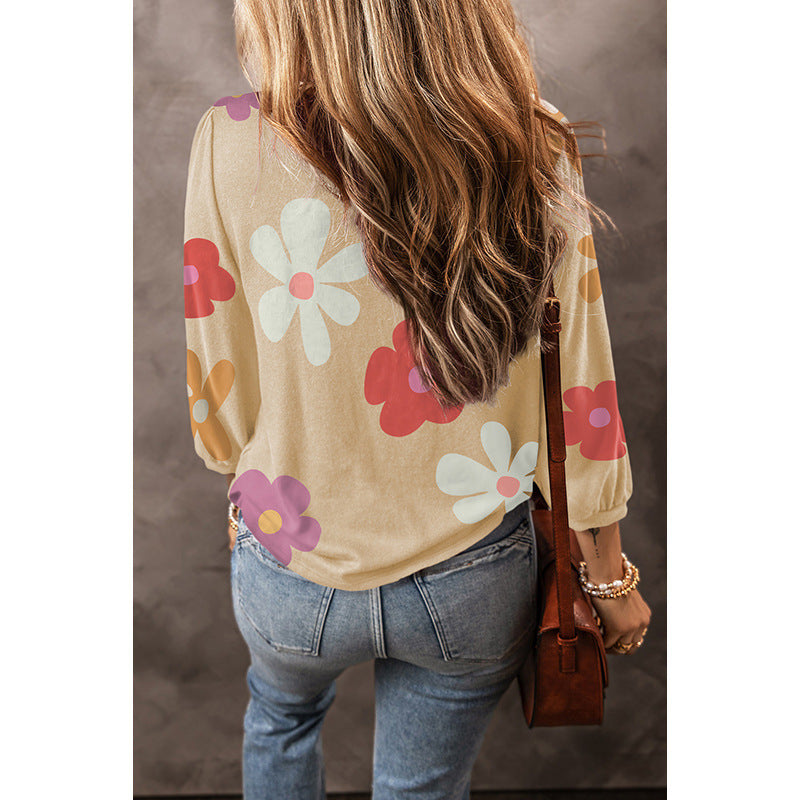 European And American Leisure Wild Flower Floral Print Long Sleeve Pullover