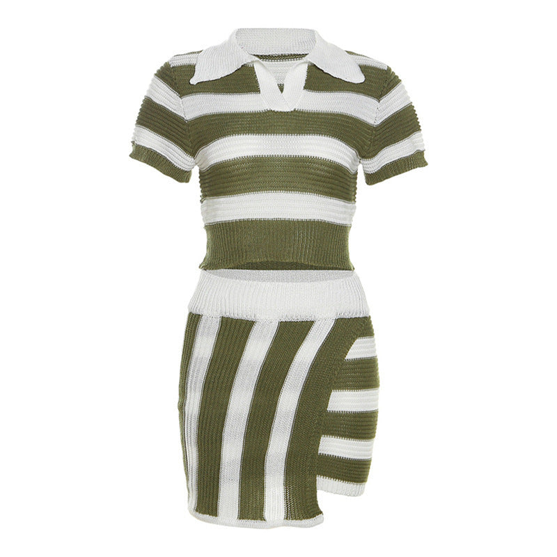 Polo Collar Short Sleeve Striped Contrast Color Fit Sheath Skirt Outfit
