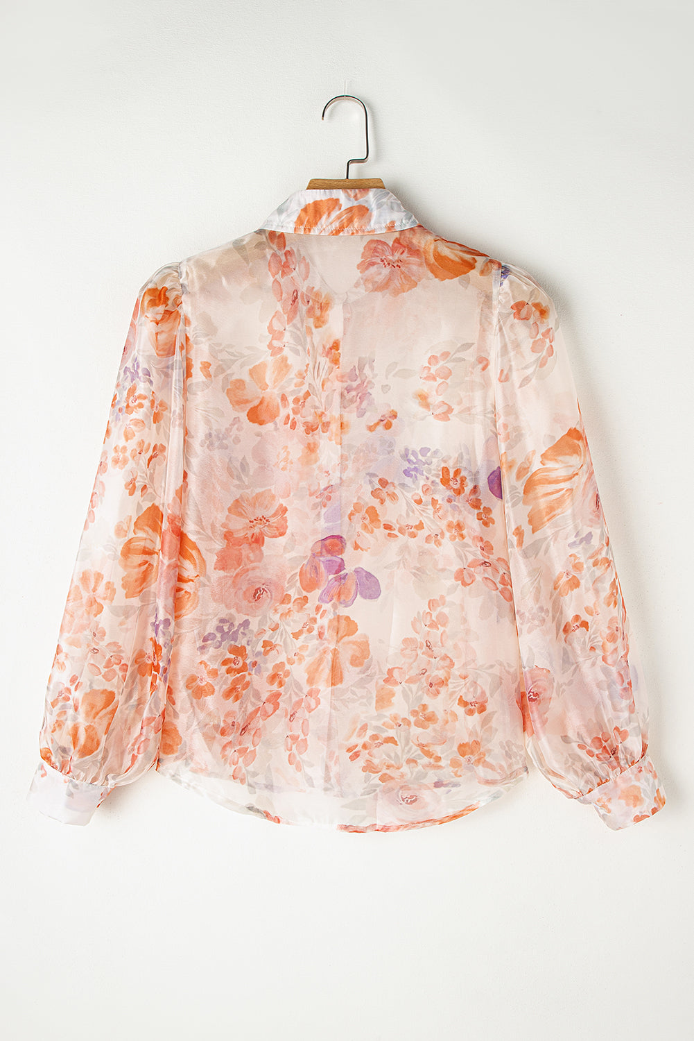 White Floral Print Collared Balloon Sleeve Loose Shirt