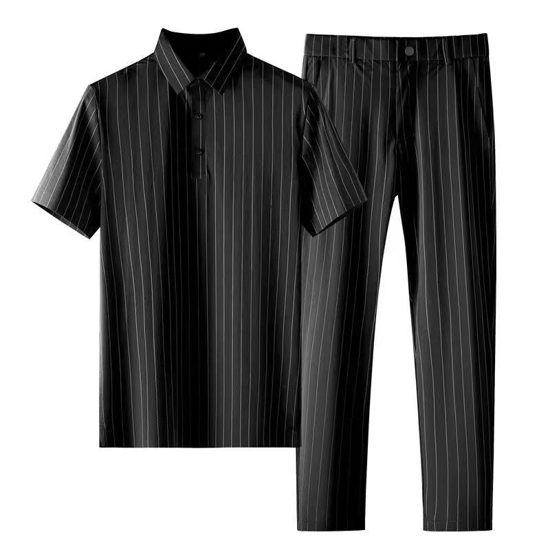 Men's Ice Silk Stripes Casual Short Sleeve Trousers Suit