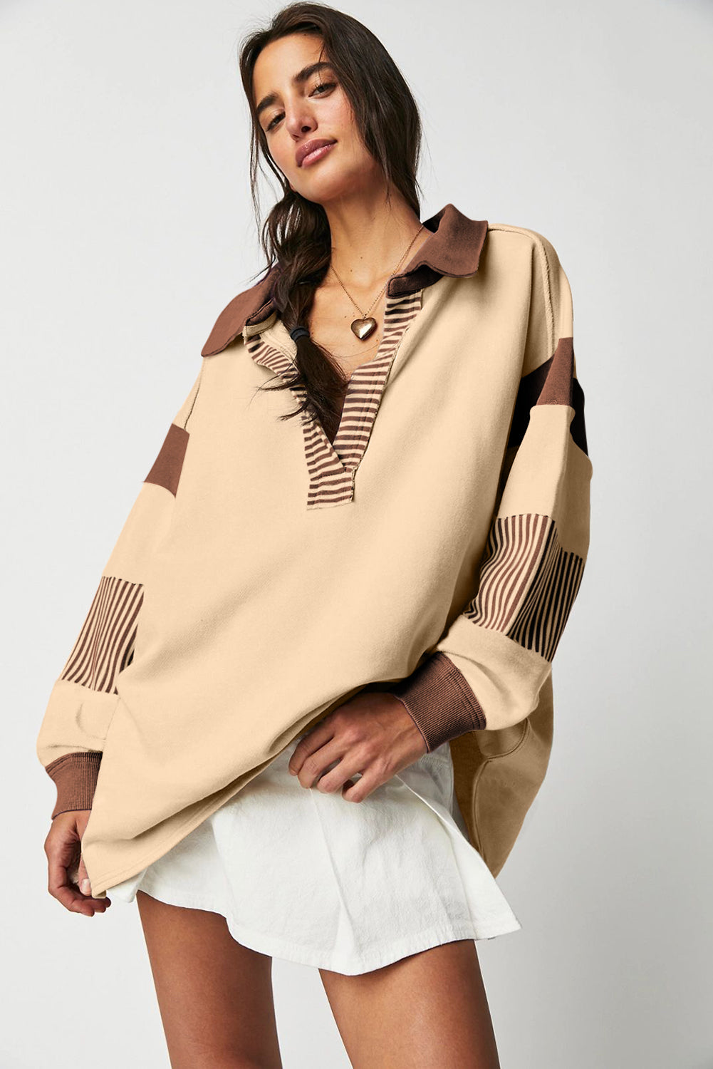 Light French Beige Striped Colorblock Patchwork Collar Sweatshirt