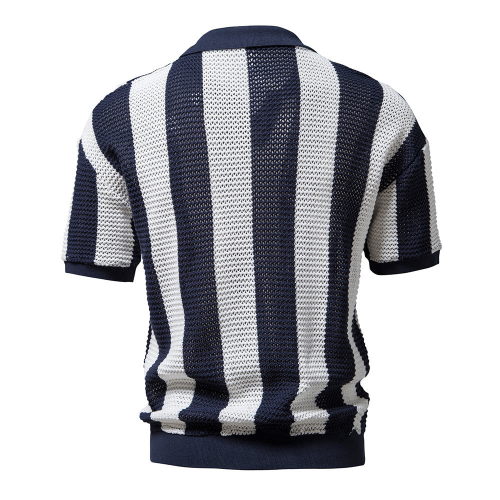 Lapel Mesh Shirt Hollow-out Short-sleeved Fishnet Men's Striped Polo Shirt