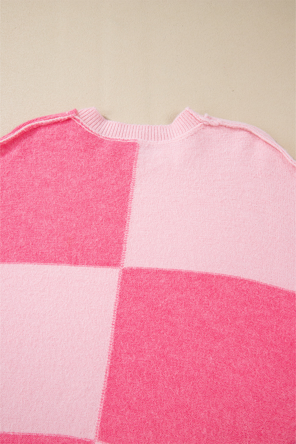 Pink Checkered Colorblock Striped High Low Loose Sweater