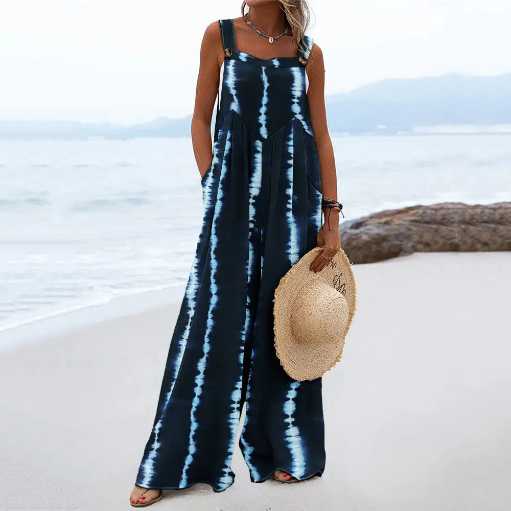 Print Sleeveless Loose Casual Sling Jumpsuit Wide Leg Pants