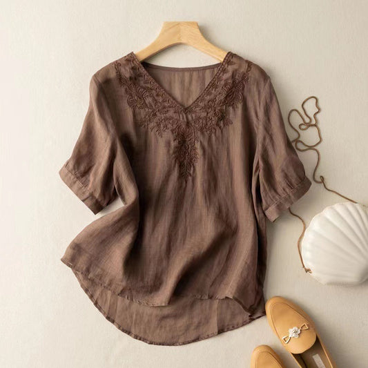 V-neck Embroidery Loose Thin Slim Fit Slim Looking Large Size Women's Wear Shirt