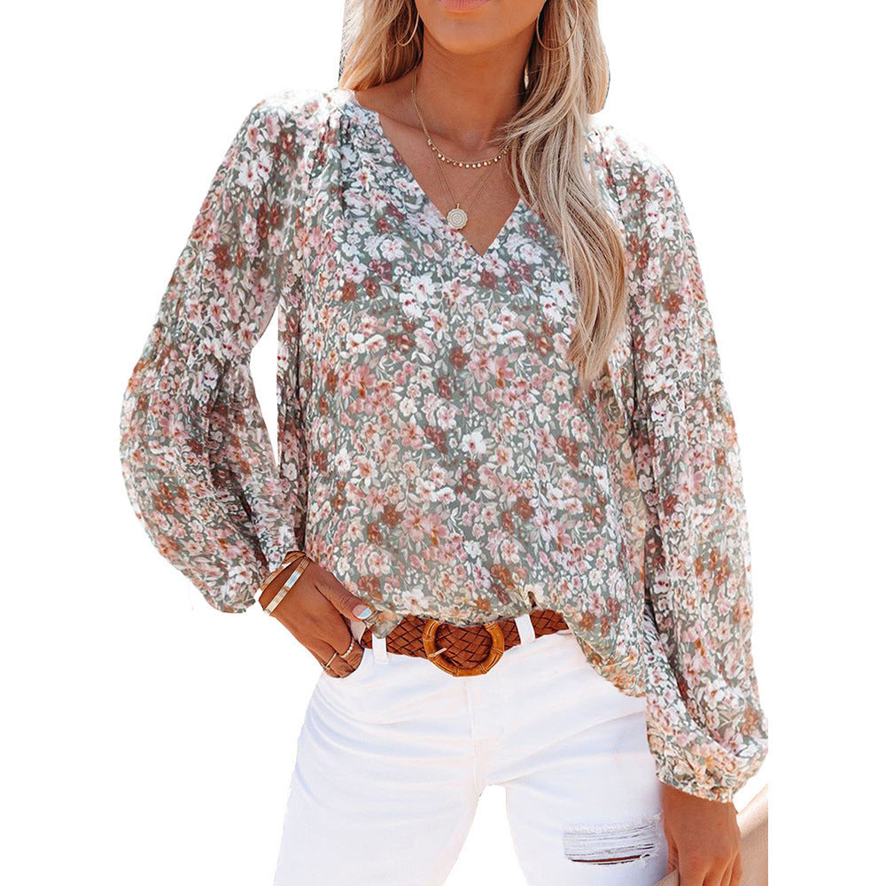 Lantern Sleeve Shirt Women Floral Print Chiffon Shirt