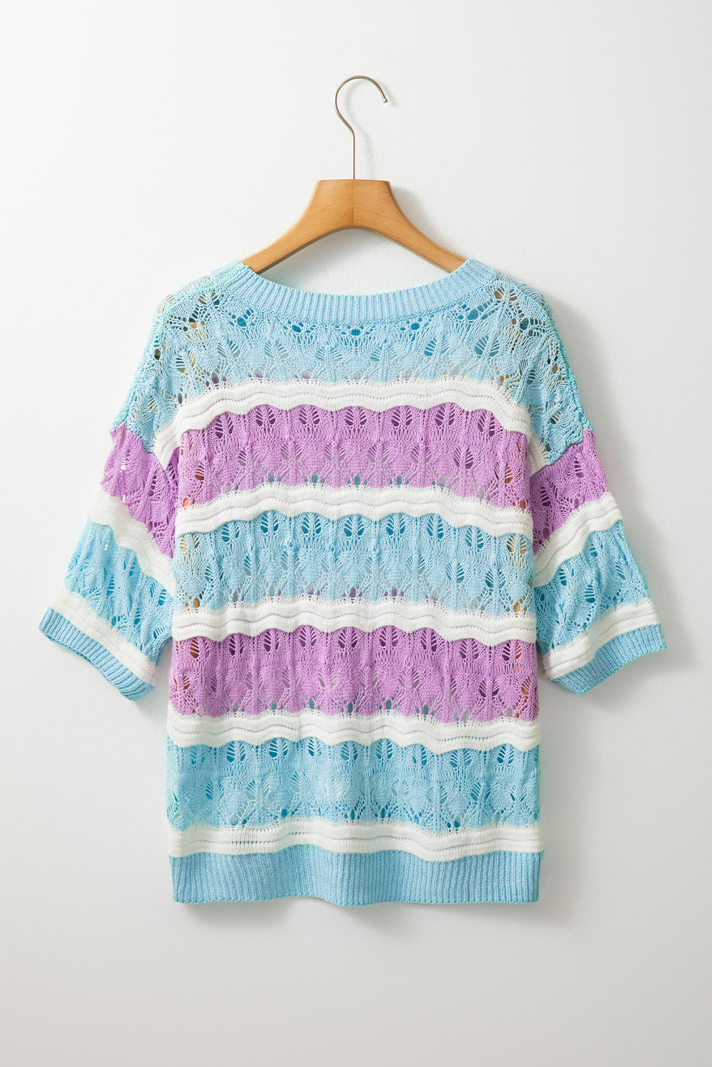 Purple Stripe Color Block Hollow Out Crochet Half Sleeve Sweater