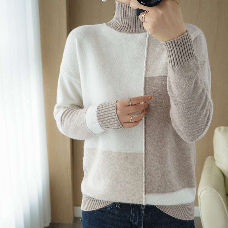 Half-high Collar Padded Color-block Wool Sweater Plaid