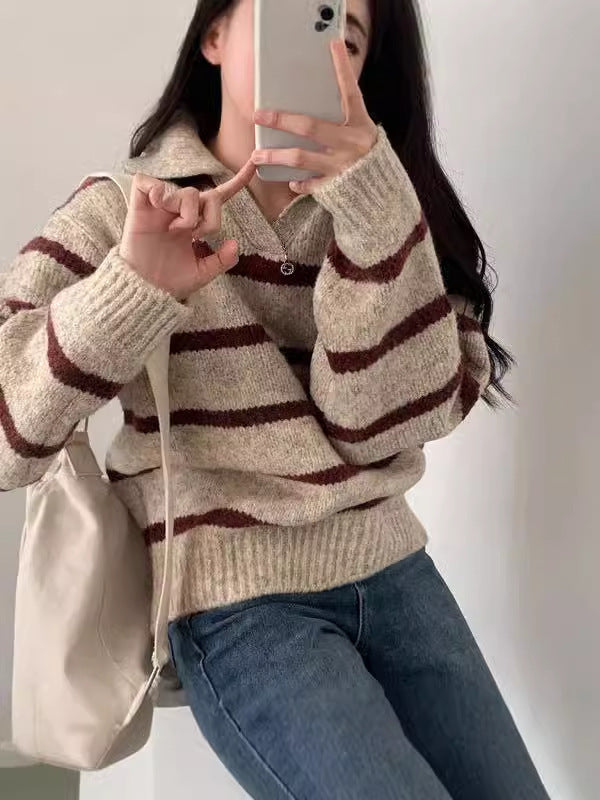 Fall And Winter Lapels Contrast Color Striped Pullover Sweater Long Sleeve Loose Casual Knitted Top For Women