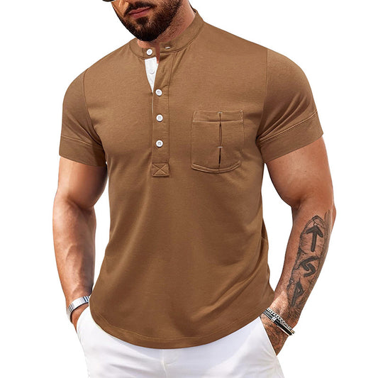 Outdoor Autumn And Winter Round Neck Open Tube Henry Short Sleeve Pocket Men's Polo Shirt