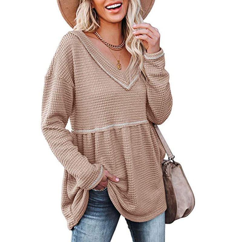 V-neck Long-sleeved Tunic Sweater With Pleated T-shirt Skirt