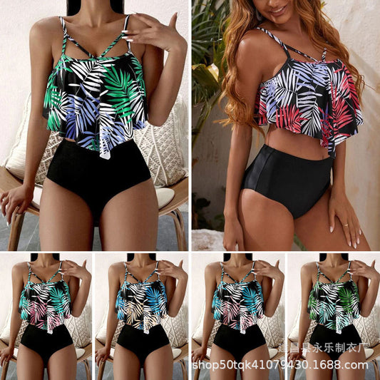 Split Swimsuit Women's Printed High Waist Bikini Flounced Swimming Suit