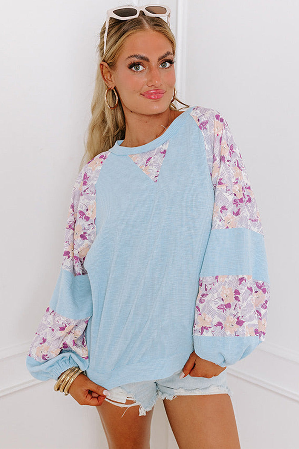 Beau Blue Textured Floral Patchwork Balloon Sleeve Blouse