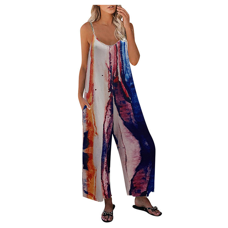 Women's Printed Suspender Pocket Casual Wide Leg Jumpsuit